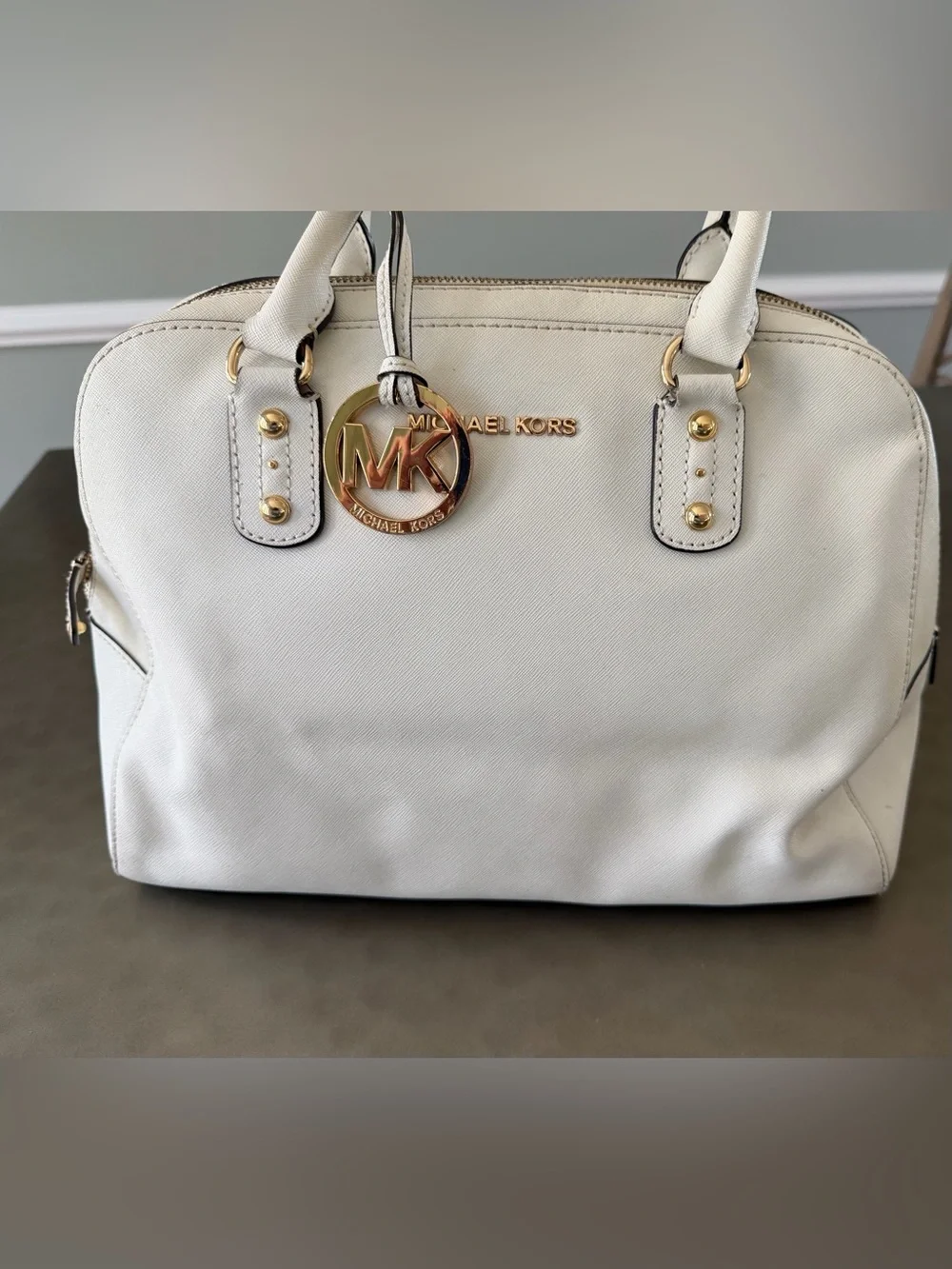 Michael Kors Cream Dome Satchel with Gold Hardware, Zip closure, Removable Strap